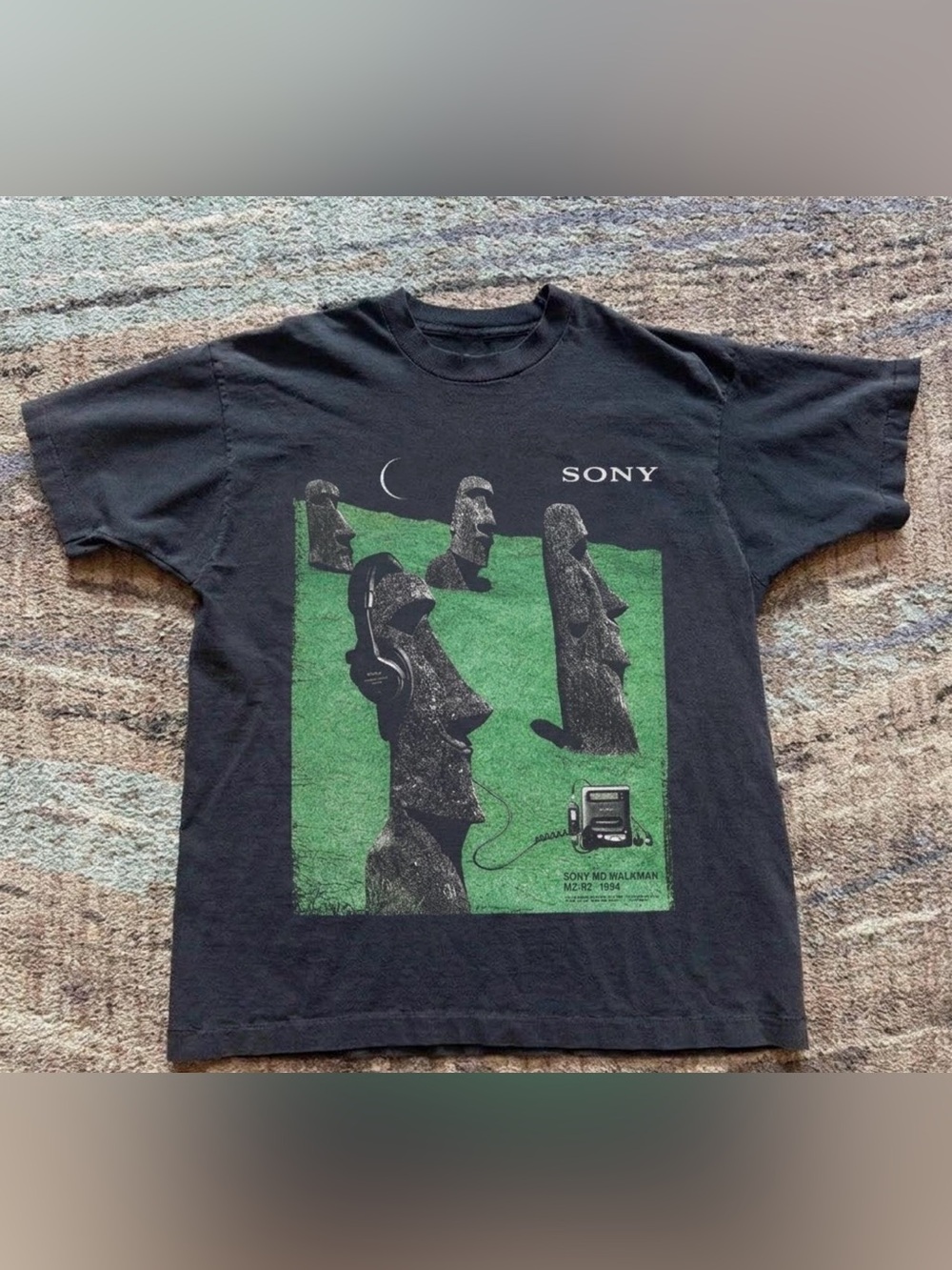 Sony Black Tee with Green Moai Graphic - Picture 1 of 7